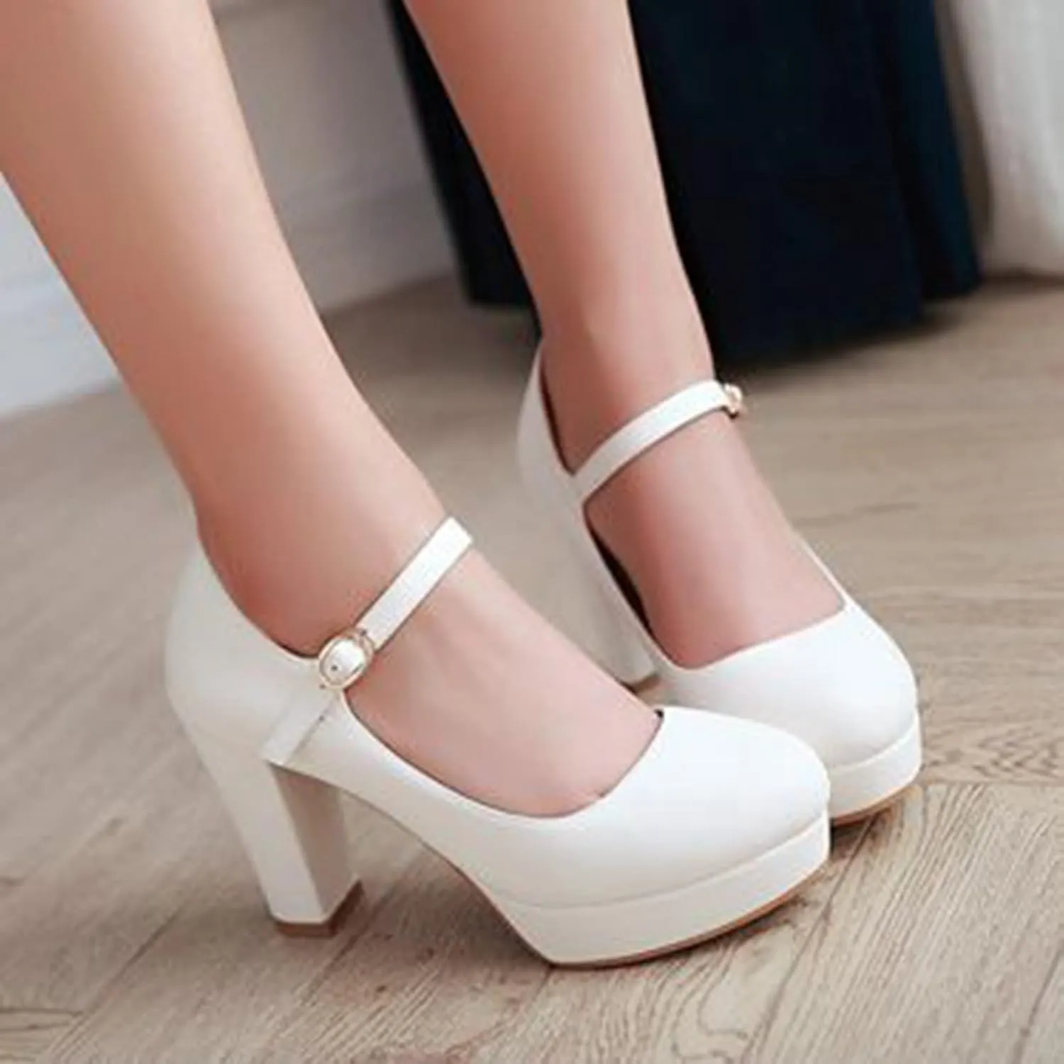 Women's Platform Mary Jane Shoes High Chunky Heel Round Toe Ankle Buckle Strap Wedding Dress Pumps