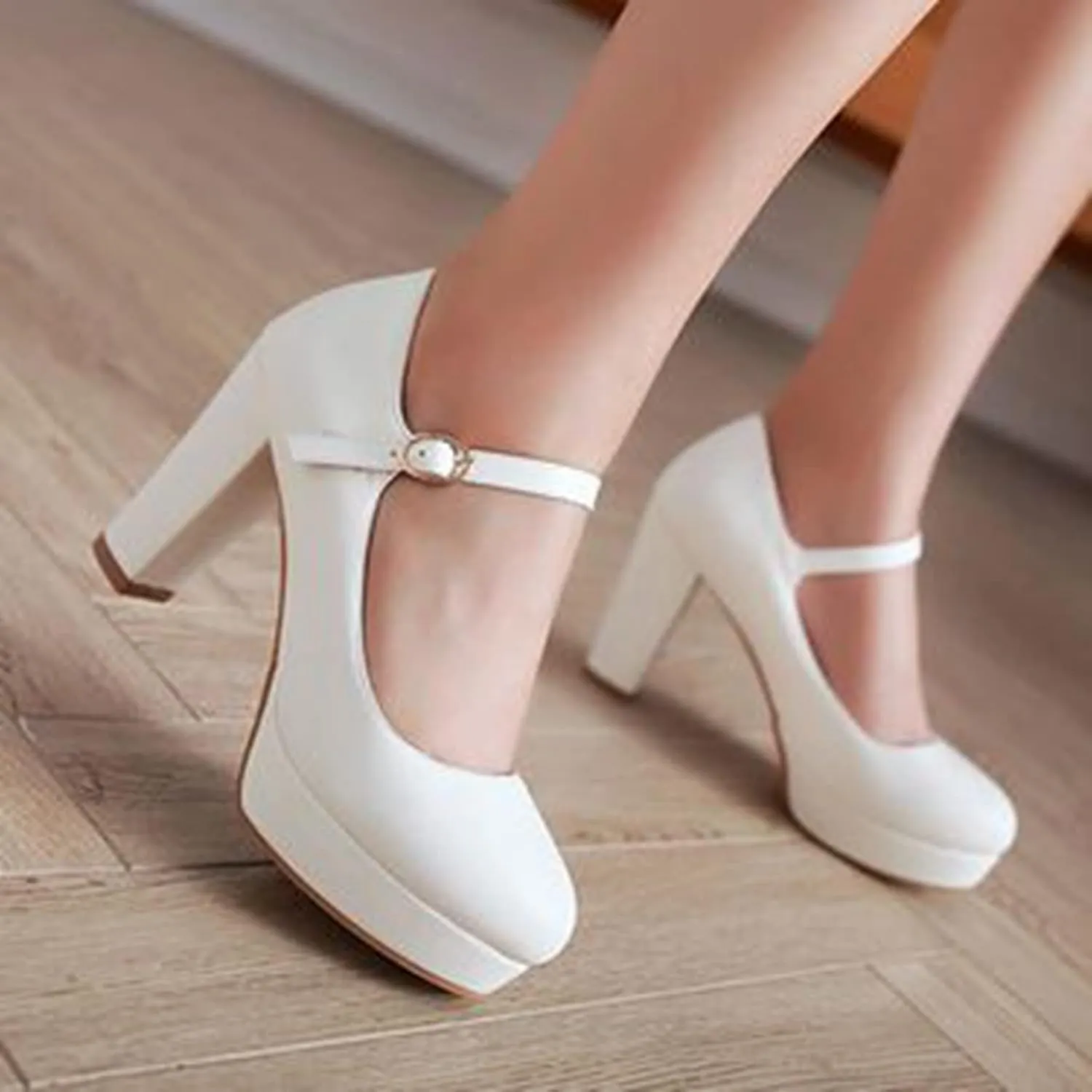 Women's Platform Mary Jane Shoes High Chunky Heel Round Toe Ankle Buckle Strap Wedding Dress Pumps