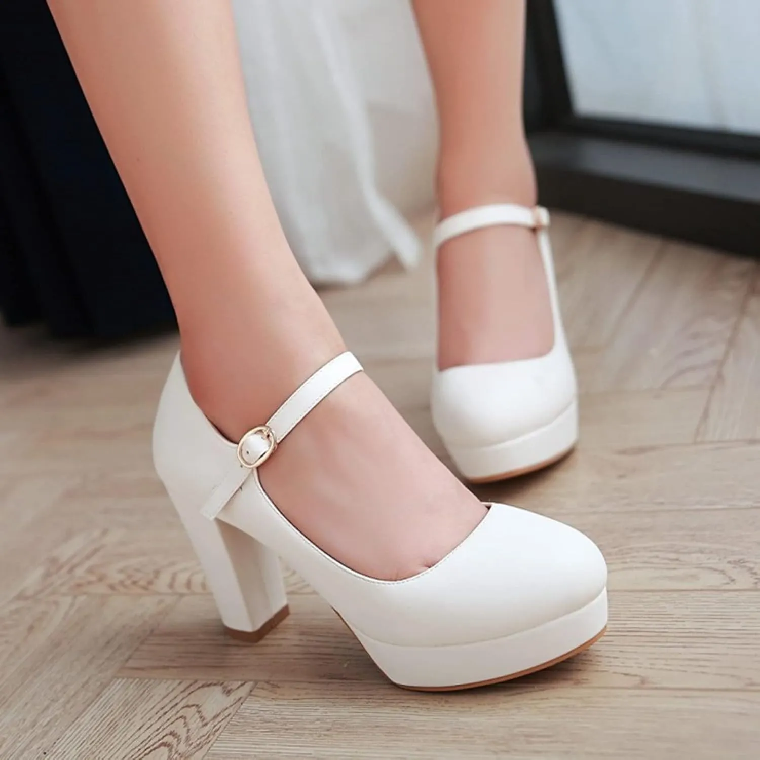 Women's Platform Mary Jane Shoes High Chunky Heel Round Toe Ankle Buckle Strap Wedding Dress Pumps