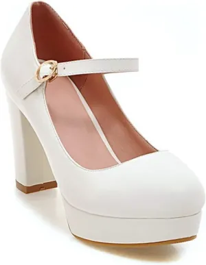 Women's Platform Mary Jane Shoes High Chunky Heel Round Toe Ankle Buckle Strap Wedding Dress Pumps