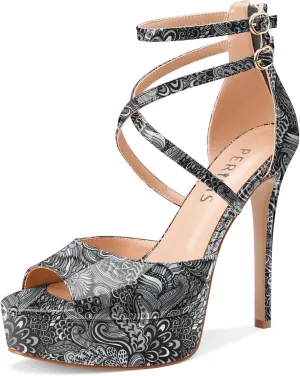 Women's Platform Stiletto High Heels Peep Open Toe Crisscross Stilettos Strappy Sandals Heeled Spring Summer Sandals for Ladies Comfy 5 Inch