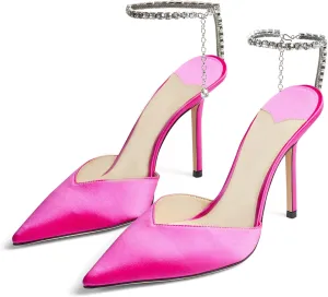 Women’s Pointed Toe Heels Sparkling Crystal Ankle Strap Heeled Sandals Wedding Stiletto Heel Satin Dressy Party Shoes