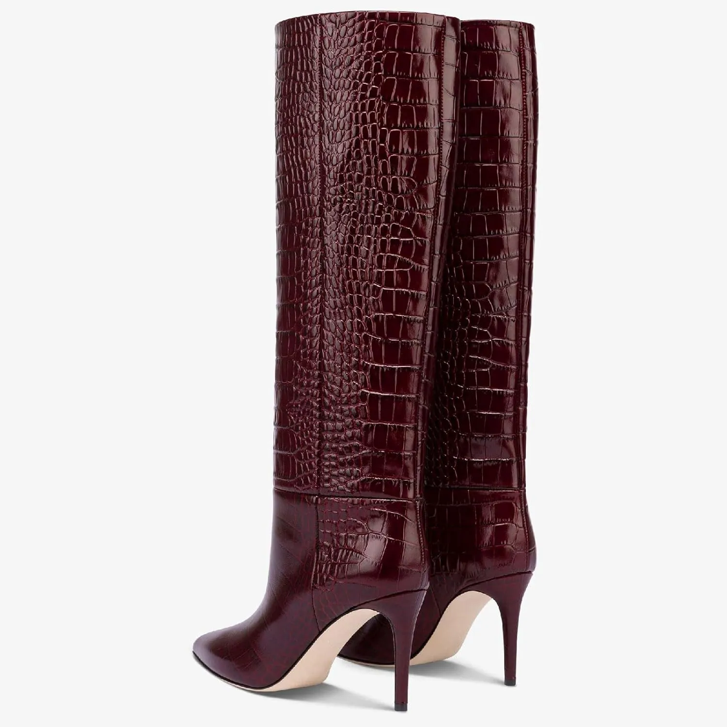Women's Pointed Toe High Stiletto Heel Knee High Boots 3.94Inch/10cm Fashion Crocodile Calf Width Pull On High Heel Tall Boots Fall Winter Dressy Long Boots for Women