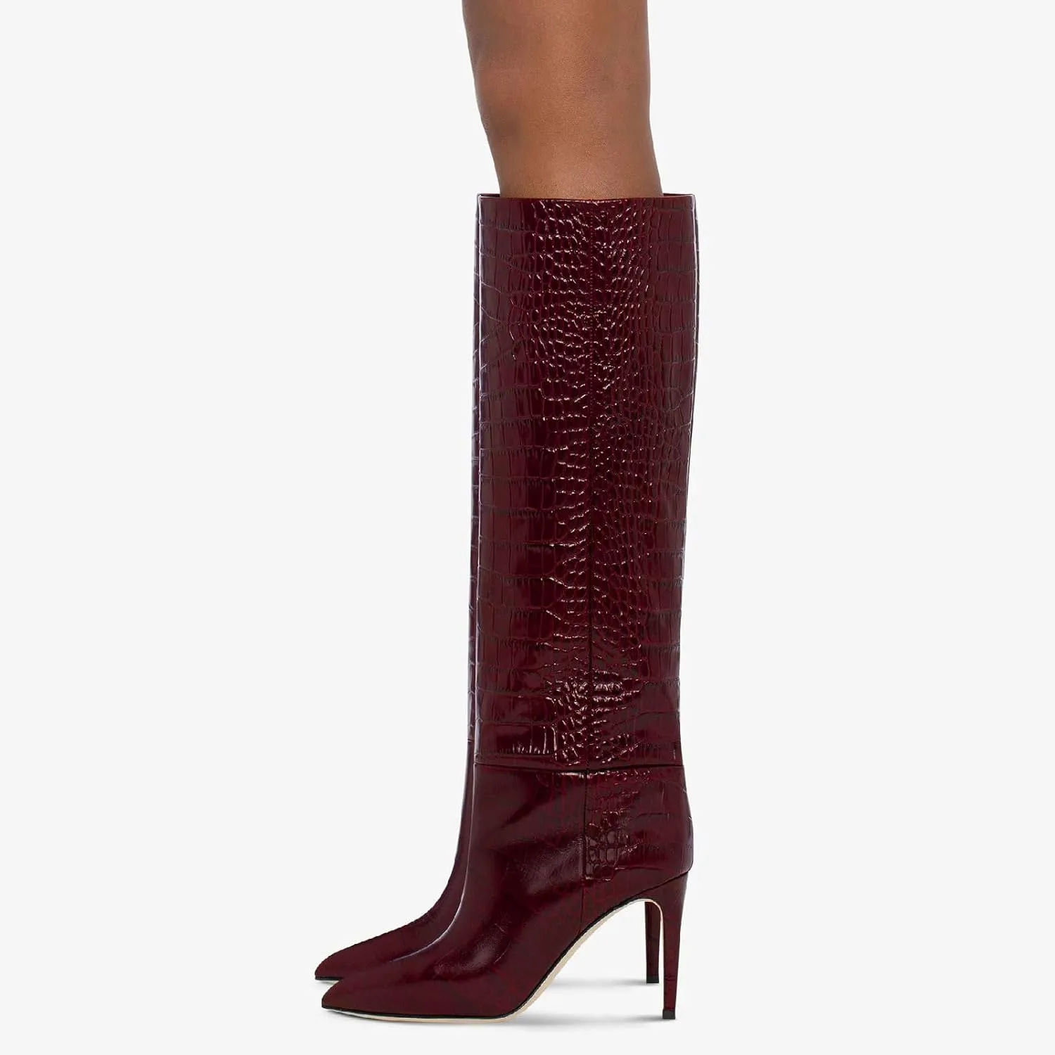 Women's Pointed Toe High Stiletto Heel Knee High Boots 3.94Inch/10cm Fashion Crocodile Calf Width Pull On High Heel Tall Boots Fall Winter Dressy Long Boots for Women