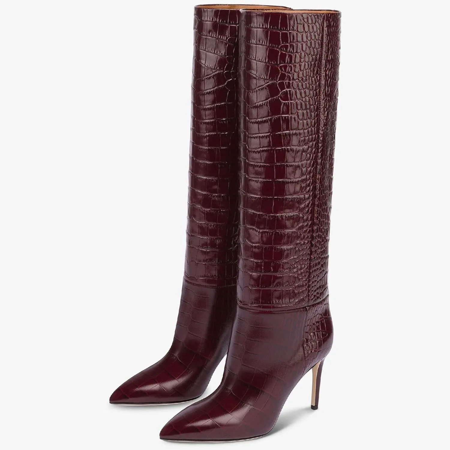 Women's Pointed Toe High Stiletto Heel Knee High Boots 3.94Inch/10cm Fashion Crocodile Calf Width Pull On High Heel Tall Boots Fall Winter Dressy Long Boots for Women