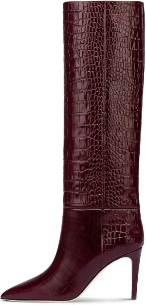 Women's Pointed Toe High Stiletto Heel Knee High Boots 3.94Inch/10cm Fashion Crocodile Calf Width Pull On High Heel Tall Boots Fall Winter Dressy Long Boots for Women