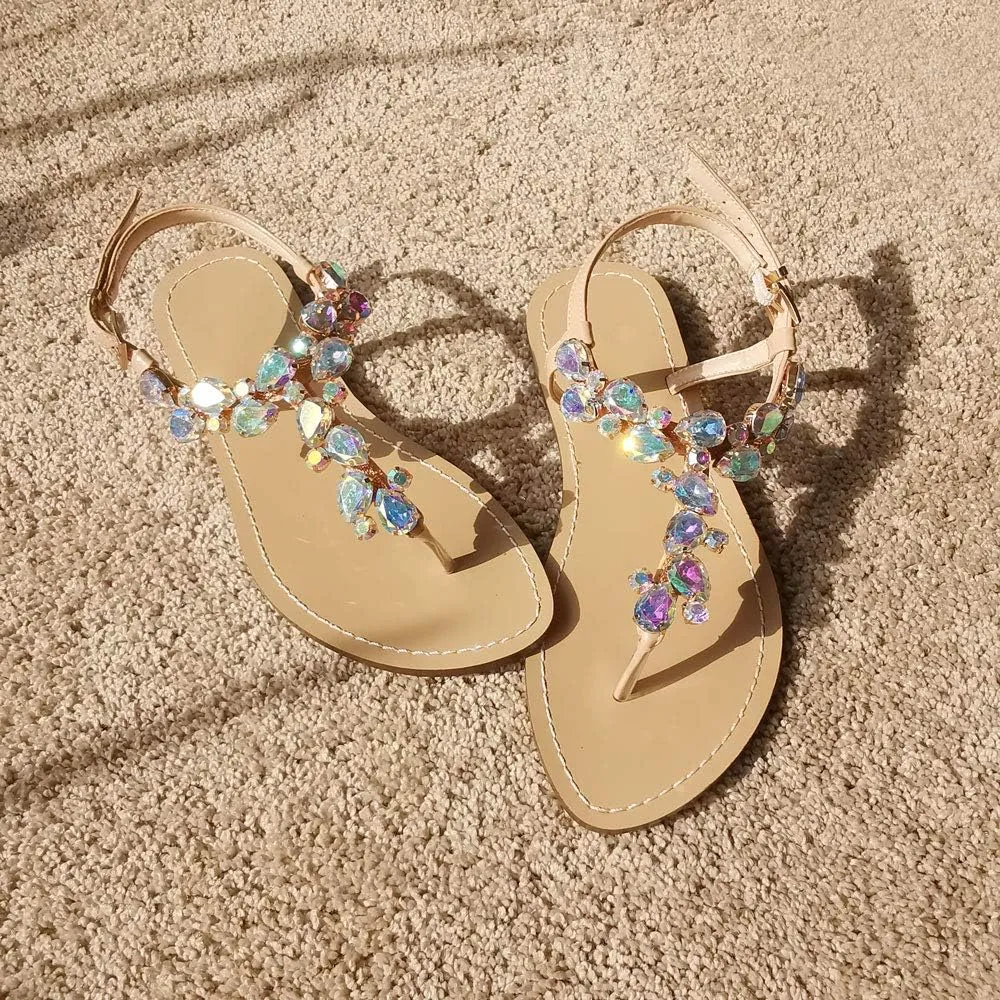 Women's Rhinestone Flat Sandals, Women Flip Flops with Clip Toe RingBeadeed Rhinestone Crystal Jeweled Sandal Shoes for Summer Beach Oceanside Holiday Outdoor