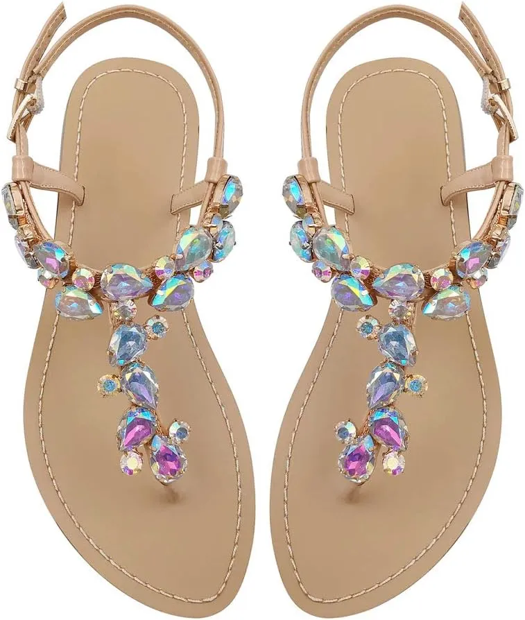 Women's Rhinestone Flat Sandals, Women Flip Flops with Clip Toe RingBeadeed Rhinestone Crystal Jeweled Sandal Shoes for Summer Beach Oceanside Holiday Outdoor