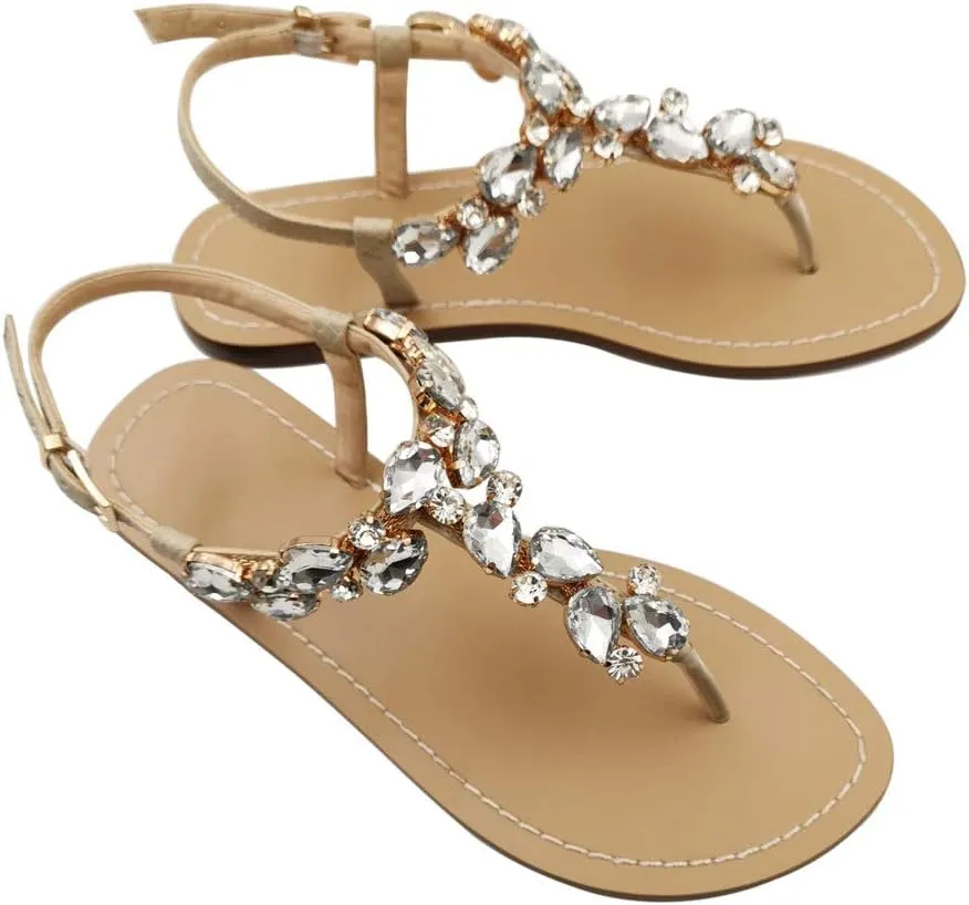 Women's Rhinestone Flat Sandals, Women Flip Flops with Clip Toe RingBeadeed Rhinestone Crystal Jeweled Sandal Shoes for Summer Beach Oceanside Holiday Outdoor