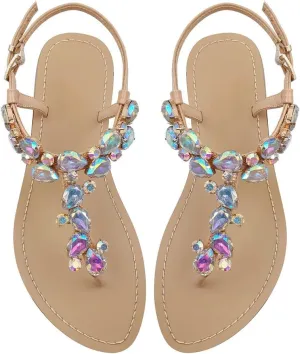 Women's Rhinestone Flat Sandals, Women Flip Flops with Clip Toe RingBeadeed Rhinestone Crystal Jeweled Sandal Shoes for Summer Beach Oceanside Holiday Outdoor