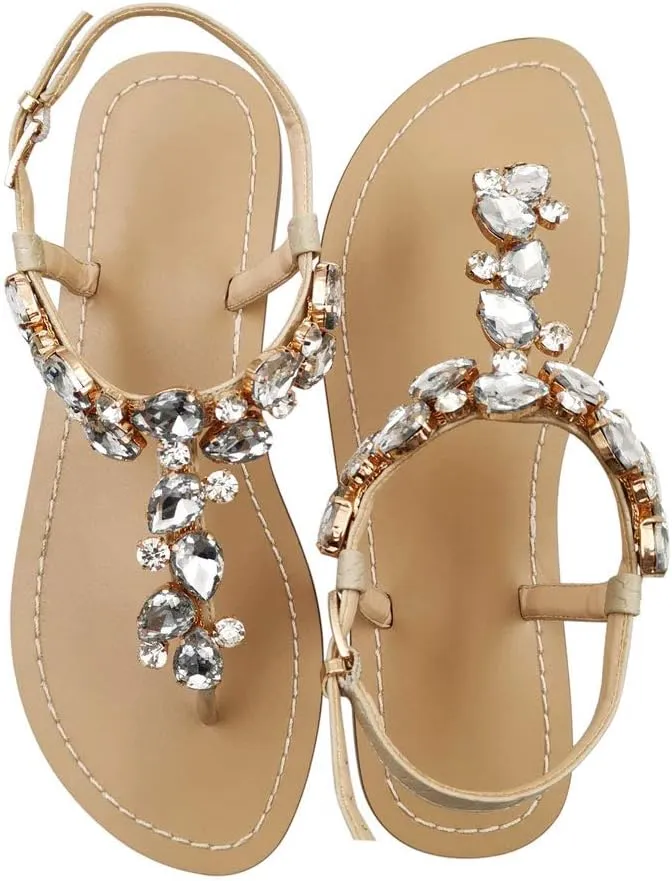 Women's Rhinestone Flat Sandals, Women Flip Flops with Clip Toe RingBeadeed Rhinestone Crystal Jeweled Sandal Shoes for Summer Beach Oceanside Holiday Outdoor
