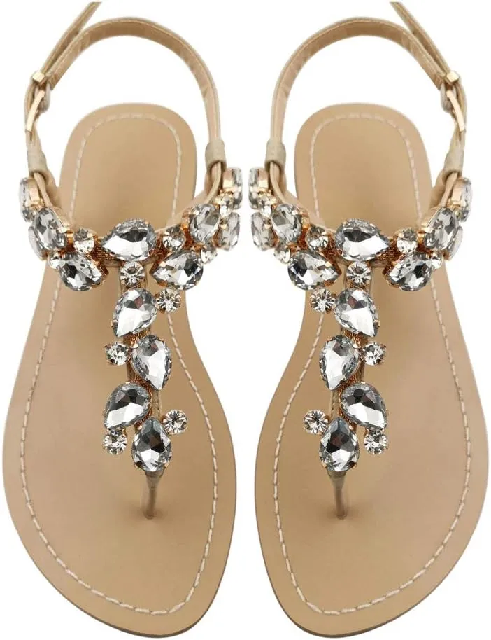 Women's Rhinestone Flat Sandals, Women Flip Flops with Clip Toe RingBeadeed Rhinestone Crystal Jeweled Sandal Shoes for Summer Beach Oceanside Holiday Outdoor