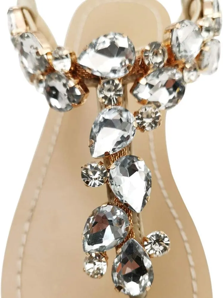 Women's Rhinestone Flat Sandals, Women Flip Flops with Clip Toe RingBeadeed Rhinestone Crystal Jeweled Sandal Shoes for Summer Beach Oceanside Holiday Outdoor