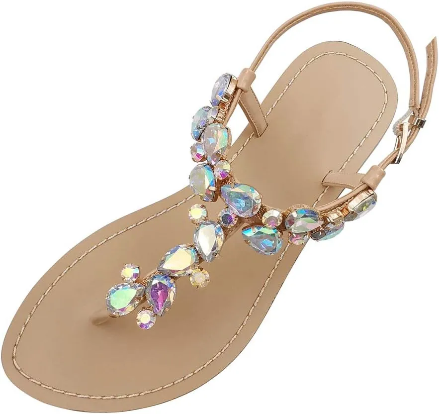Women's Rhinestone Flat Sandals, Women Flip Flops with Clip Toe RingBeadeed Rhinestone Crystal Jeweled Sandal Shoes for Summer Beach Oceanside Holiday Outdoor