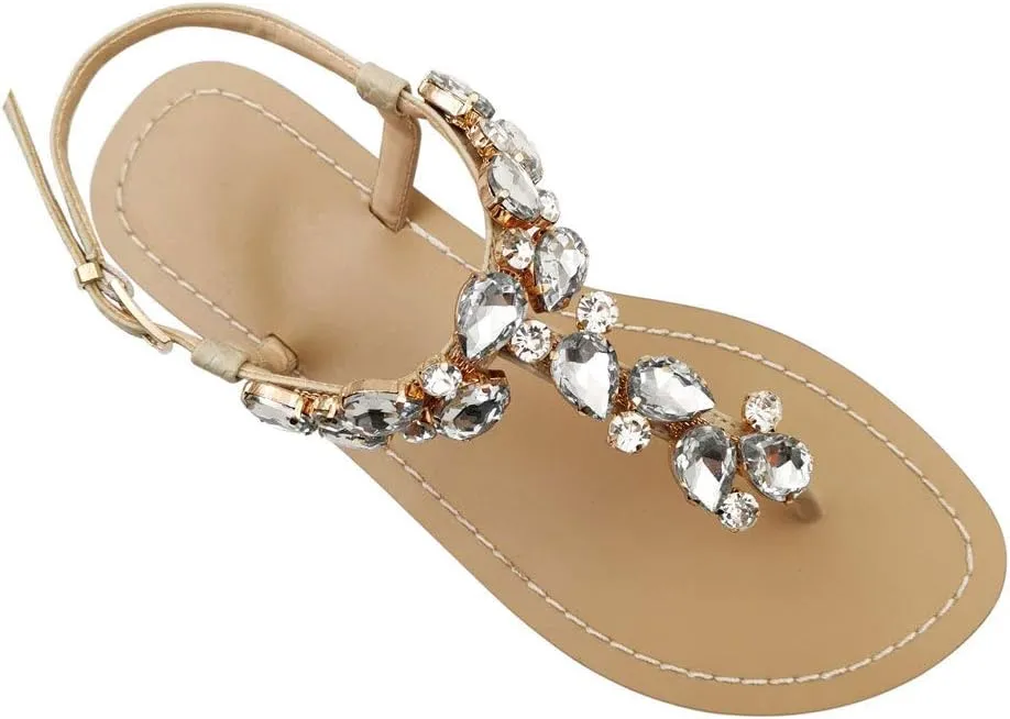 Women's Rhinestone Flat Sandals, Women Flip Flops with Clip Toe RingBeadeed Rhinestone Crystal Jeweled Sandal Shoes for Summer Beach Oceanside Holiday Outdoor