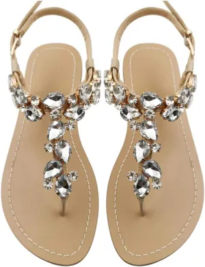 Women's Rhinestone Flat Sandals, Women Flip Flops with Clip Toe RingBeadeed Rhinestone Crystal Jeweled Sandal Shoes for Summer Beach Oceanside Holiday Outdoor