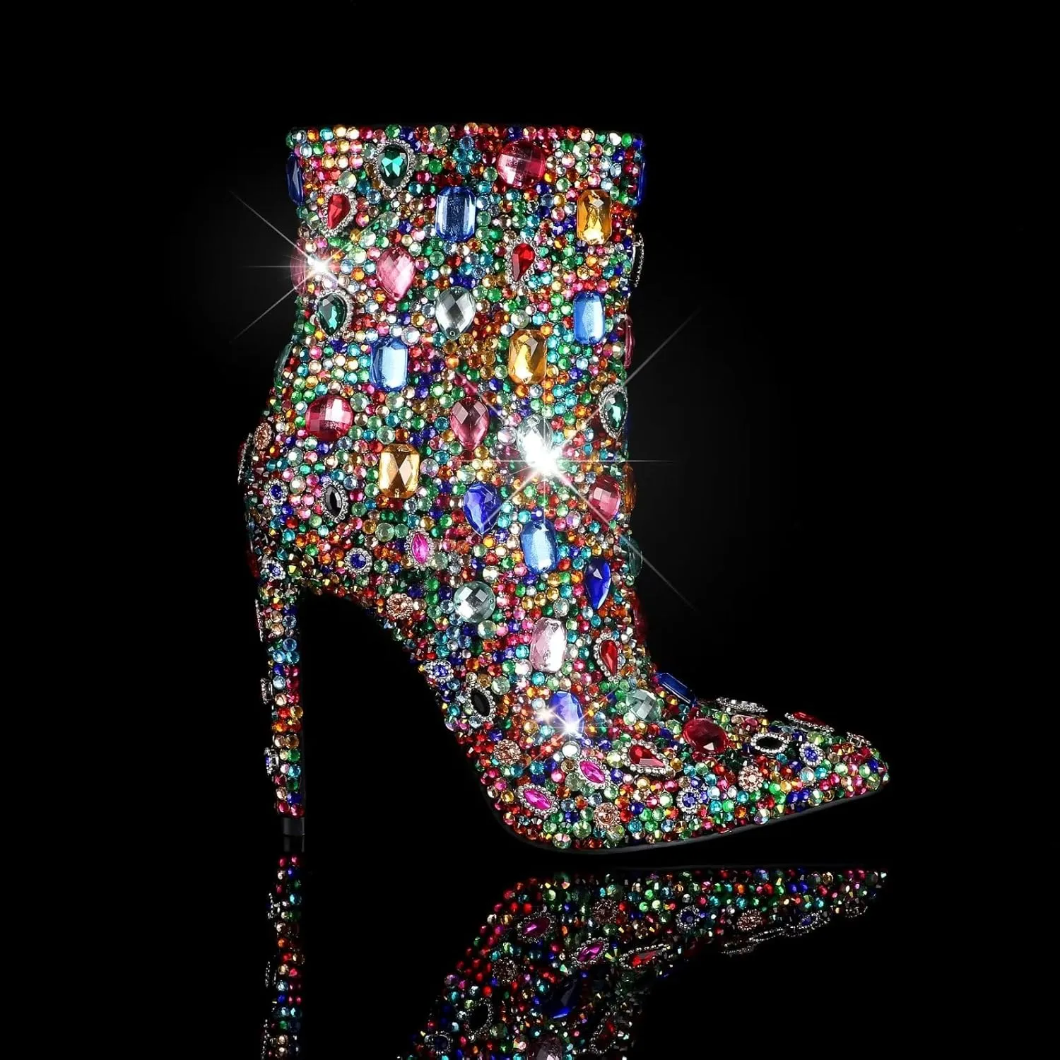 Women's Rhinestone High Heel Boots，Glitter Side Zipper Ankle Boots Sparkly Cowgirl Pointed Toe Stiletto Heel Party Prom Boots