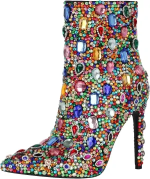 Women's Rhinestone High Heel Boots，Glitter Side Zipper Ankle Boots Sparkly Cowgirl Pointed Toe Stiletto Heel Party Prom Boots