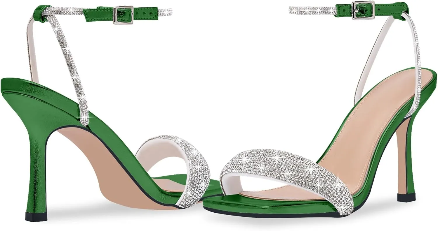 Women's Rhinestone Stiletto High Heel Square Open Toe Strappy Heels Sandals Ankle Strap Sexy Party Wedding Shoes