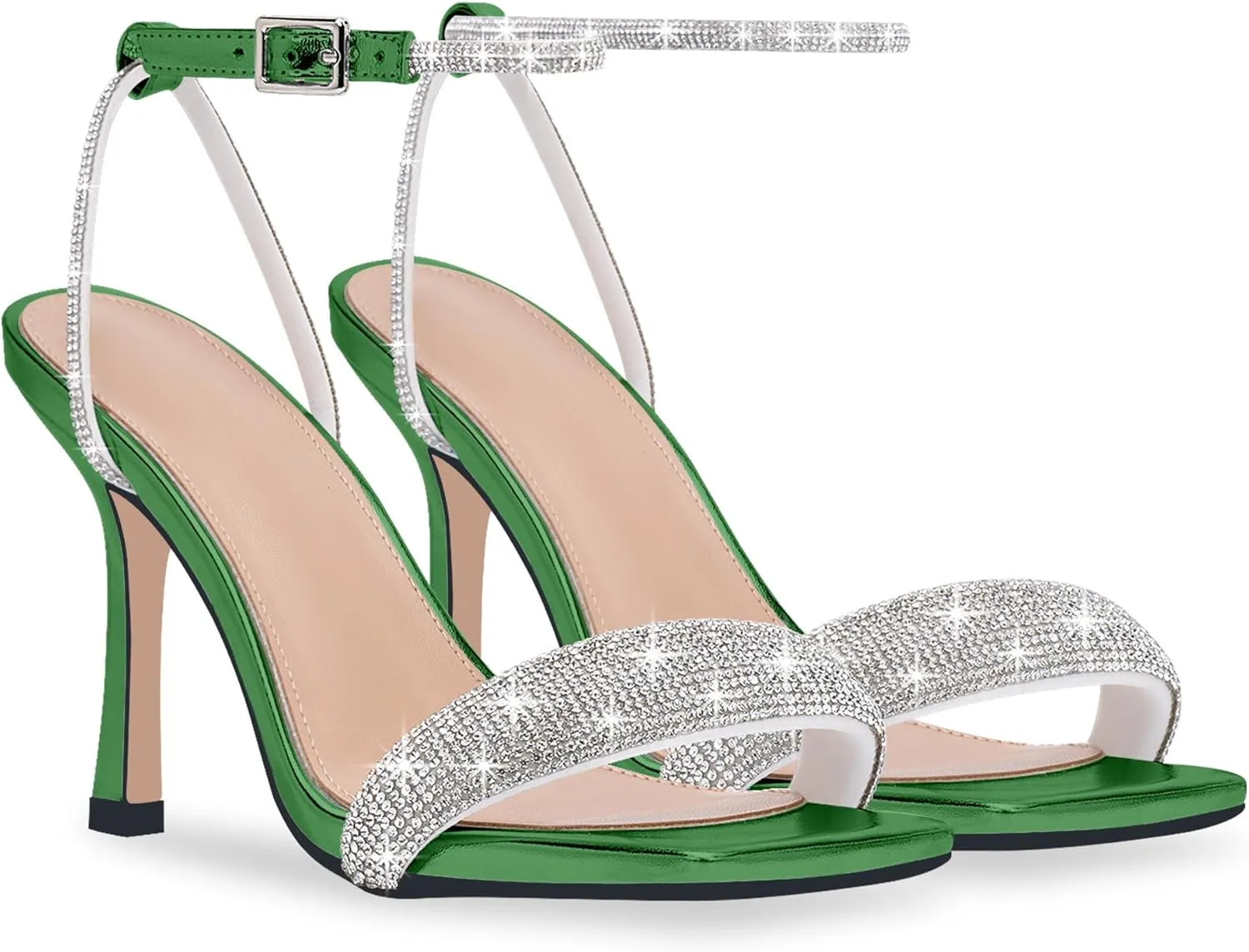 Women's Rhinestone Stiletto High Heel Square Open Toe Strappy Heels Sandals Ankle Strap Sexy Party Wedding Shoes