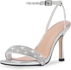 Women's Rhinestone Stiletto High Heel Square Open Toe Strappy Heels Sandals Ankle Strap Sexy Party Wedding Shoes