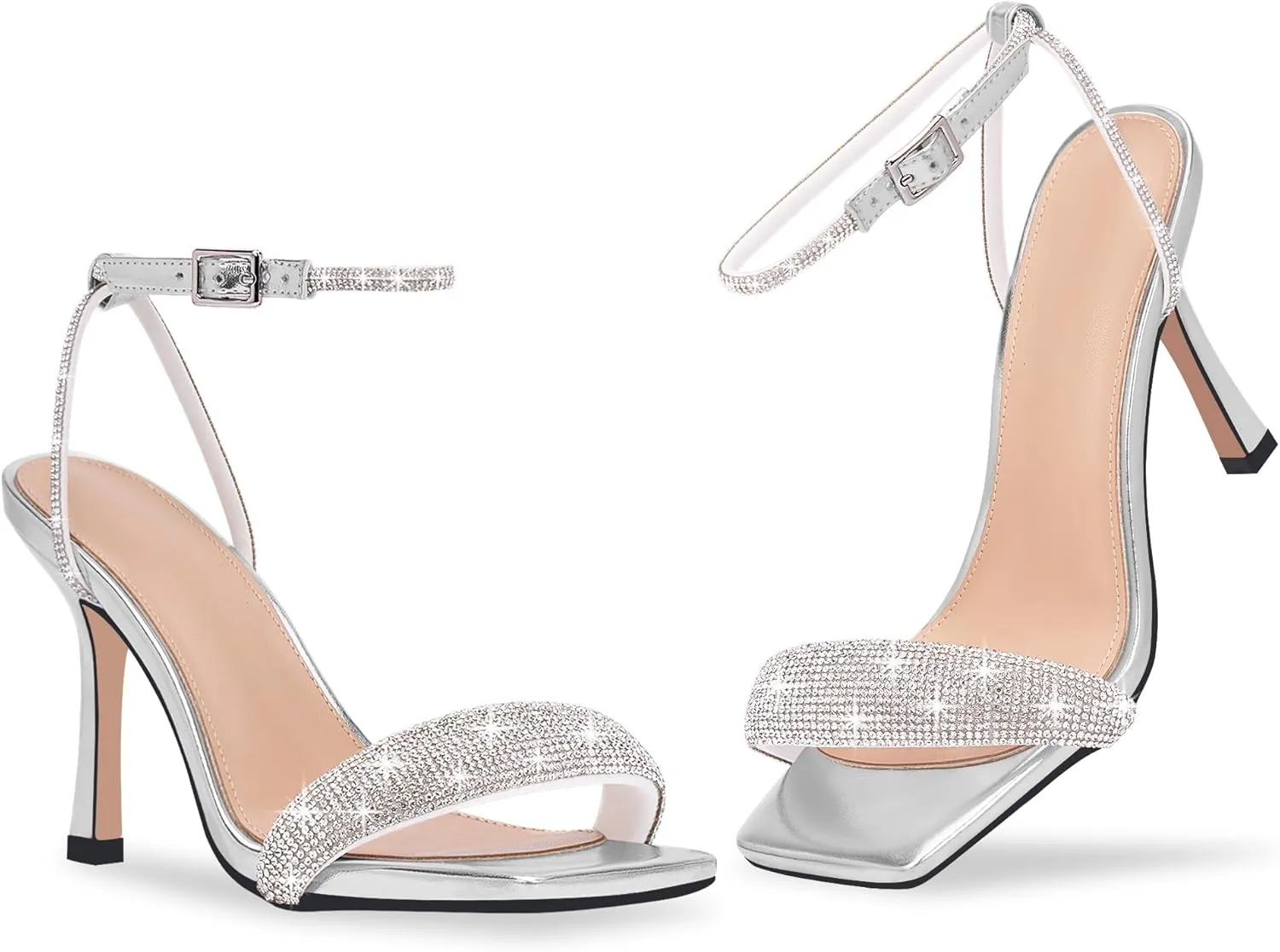 Women's Rhinestone Stiletto High Heel Square Open Toe Strappy Heels Sandals Ankle Strap Sexy Party Wedding Shoes