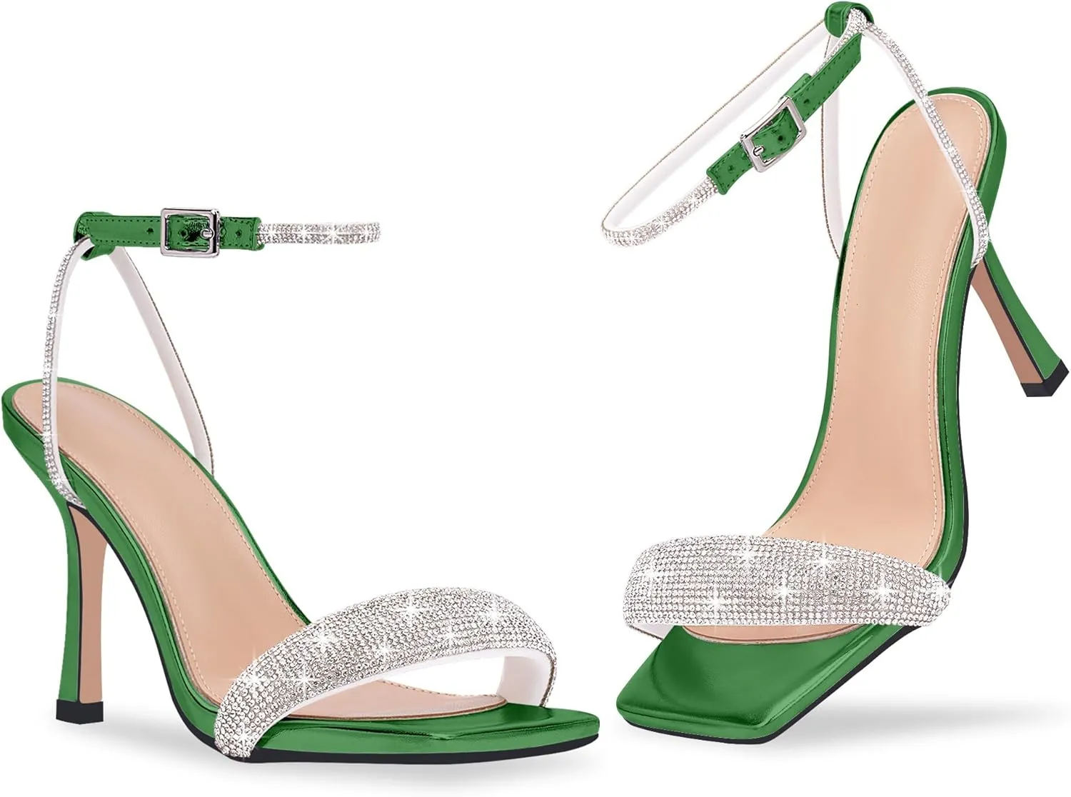Women's Rhinestone Stiletto High Heel Square Open Toe Strappy Heels Sandals Ankle Strap Sexy Party Wedding Shoes
