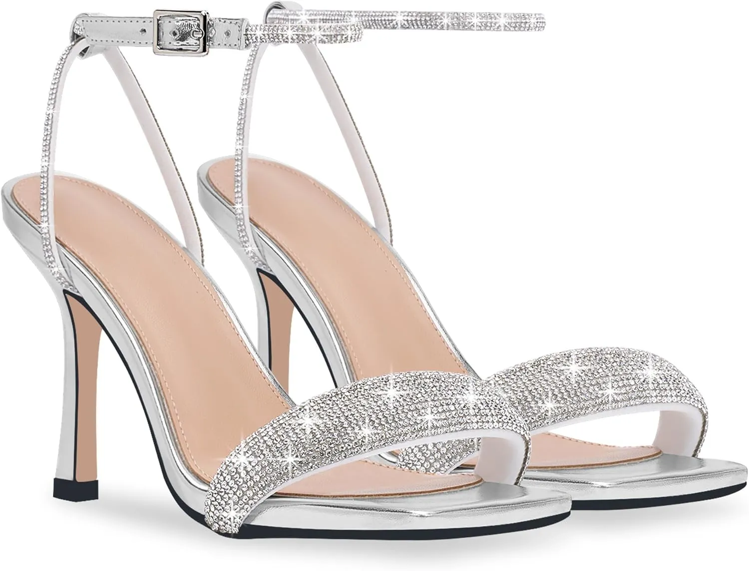 Women's Rhinestone Stiletto High Heel Square Open Toe Strappy Heels Sandals Ankle Strap Sexy Party Wedding Shoes