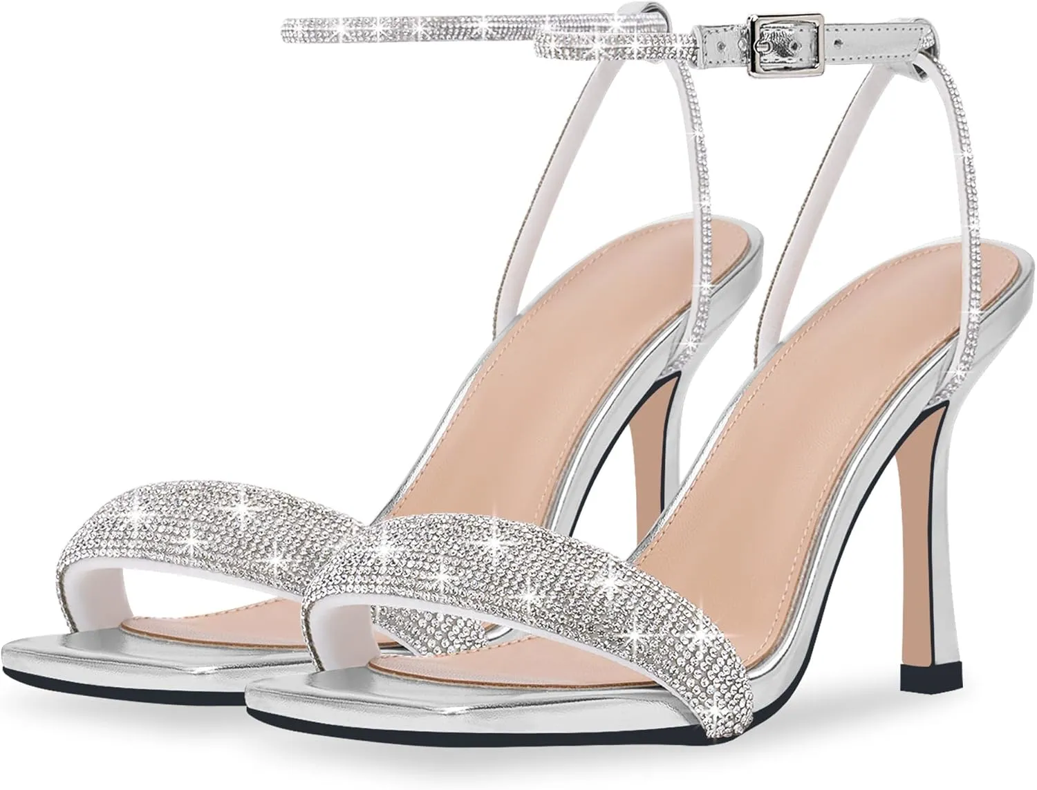 Women's Rhinestone Stiletto High Heel Square Open Toe Strappy Heels Sandals Ankle Strap Sexy Party Wedding Shoes