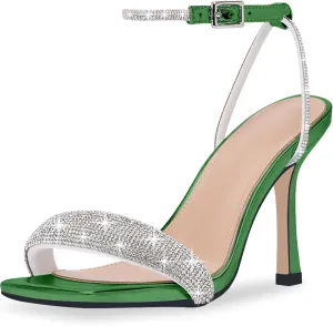 Women's Rhinestone Stiletto High Heel Square Open Toe Strappy Heels Sandals Ankle Strap Sexy Party Wedding Shoes