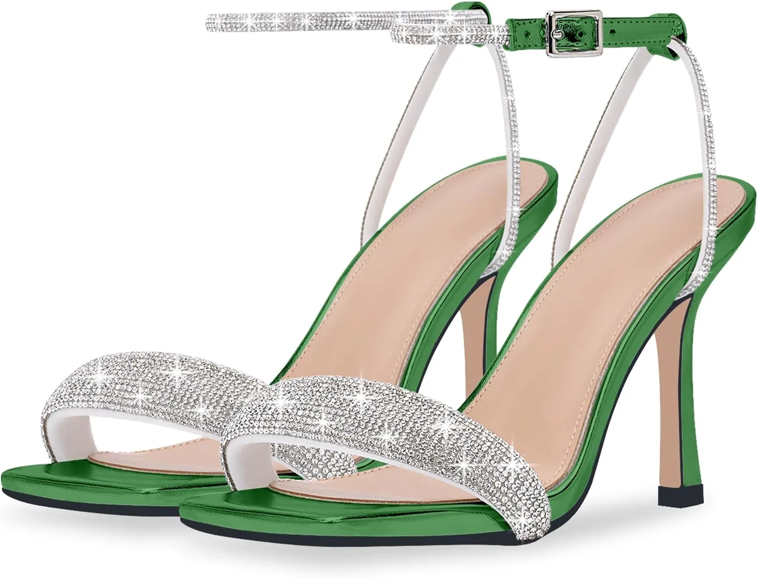 Women's Rhinestone Stiletto High Heel Square Open Toe Strappy Heels Sandals Ankle Strap Sexy Party Wedding Shoes