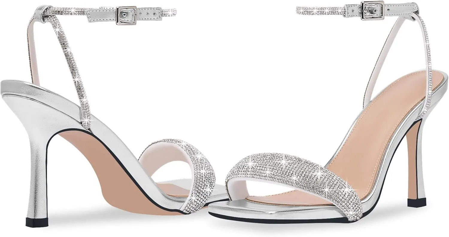 Women's Rhinestone Stiletto High Heel Square Open Toe Strappy Heels Sandals Ankle Strap Sexy Party Wedding Shoes