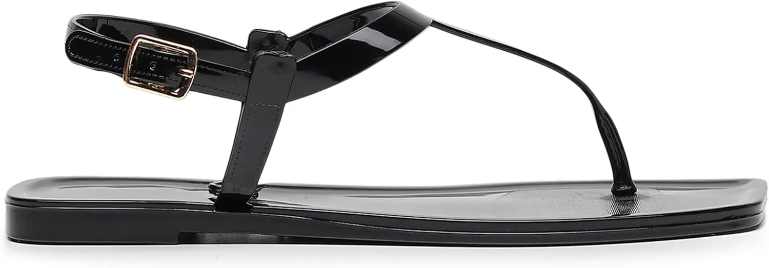 Womens Sandals Jelly Shoes Thong Flip Flops Flat for Ladies Black Slides Size 11 T-Strap Jellies Slippers with Adjustable Strap Buckle Summer Beach Dressy