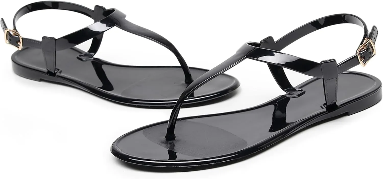 Womens Sandals Jelly Shoes Thong Flip Flops Flat for Ladies Black Slides Size 11 T-Strap Jellies Slippers with Adjustable Strap Buckle Summer Beach Dressy