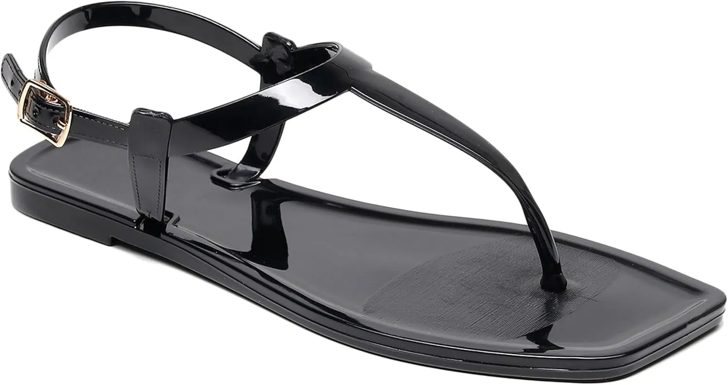 Womens Sandals Jelly Shoes Thong Flip Flops Flat for Ladies Black Slides Size 11 T-Strap Jellies Slippers with Adjustable Strap Buckle Summer Beach Dressy