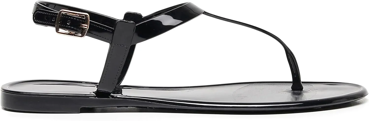 Womens Sandals Jelly Shoes Thong Flip Flops Flat for Ladies Black Slides Size 11 T-Strap Jellies Slippers with Adjustable Strap Buckle Summer Beach Dressy