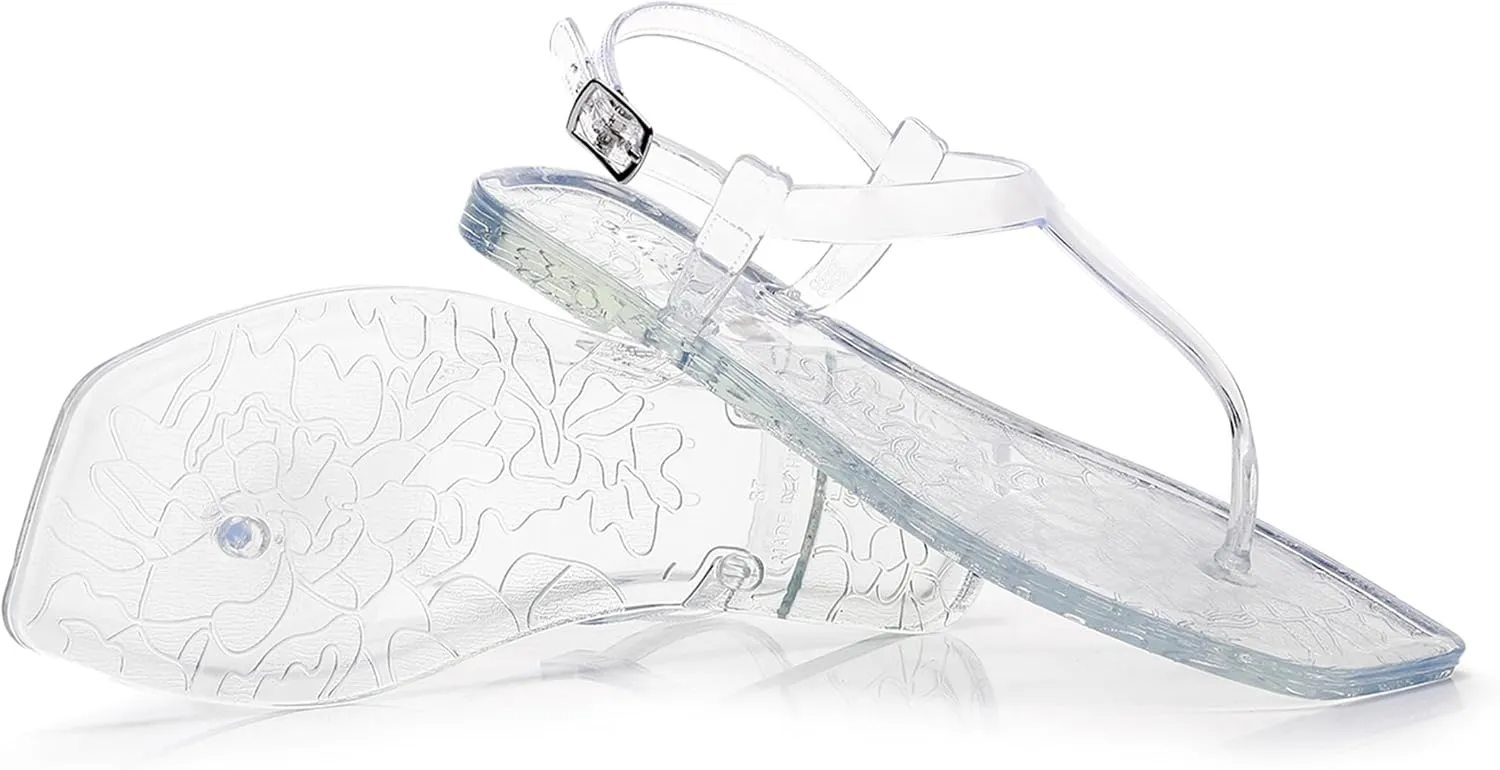 Womens Sandals Jelly Shoes Thong Flip Flops Flat for Ladies Black Slides Size 11 T-Strap Jellies Slippers with Adjustable Strap Buckle Summer Beach Dressy