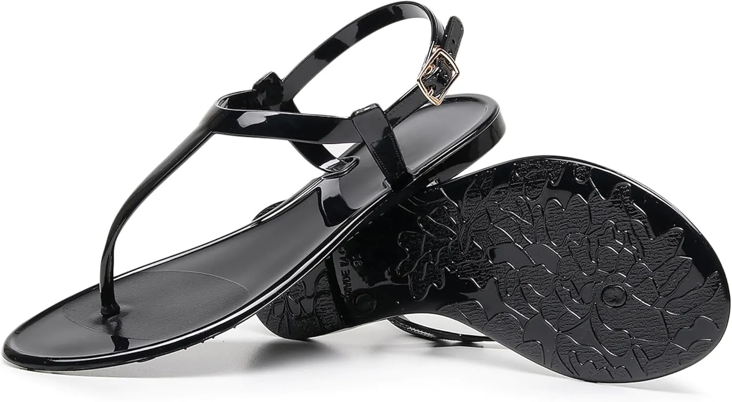Womens Sandals Jelly Shoes Thong Flip Flops Flat for Ladies Black Slides Size 11 T-Strap Jellies Slippers with Adjustable Strap Buckle Summer Beach Dressy