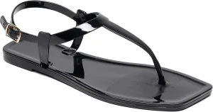 Womens Sandals Jelly Shoes Thong Flip Flops Flat for Ladies Black Slides Size 11 T-Strap Jellies Slippers with Adjustable Strap Buckle Summer Beach Dressy