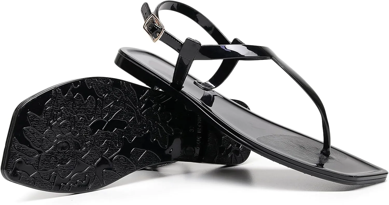 Womens Sandals Jelly Shoes Thong Flip Flops Flat for Ladies Black Slides Size 11 T-Strap Jellies Slippers with Adjustable Strap Buckle Summer Beach Dressy