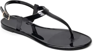 Womens Sandals Jelly Shoes Thong Flip Flops Flat for Ladies Black Slides Size 11 T-Strap Jellies Slippers with Adjustable Strap Buckle Summer Beach Dressy