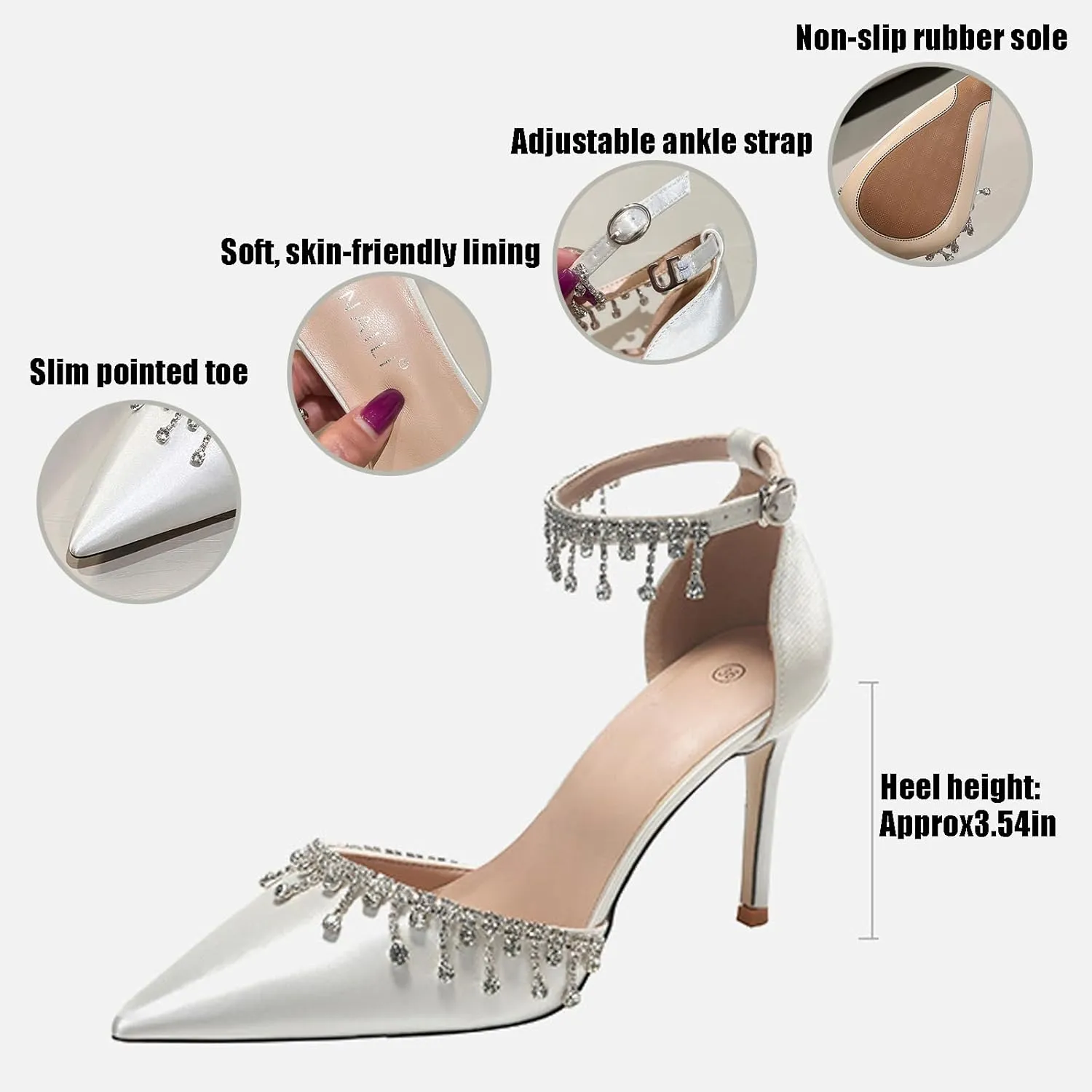 Womens Satin Rhinestones Stiletto Sandals Closed Pointed Toe Backless Ankle Strap Dress Pumps for Daily Wedding Party Prom