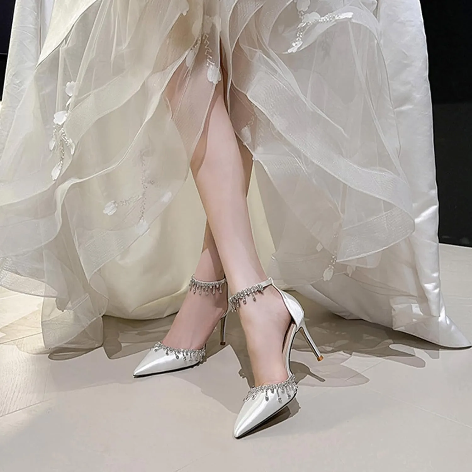 Womens Satin Rhinestones Stiletto Sandals Closed Pointed Toe Backless Ankle Strap Dress Pumps for Daily Wedding Party Prom