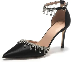 Womens Satin Rhinestones Stiletto Sandals Closed Pointed Toe Backless Ankle Strap Dress Pumps for Daily Wedding Party Prom