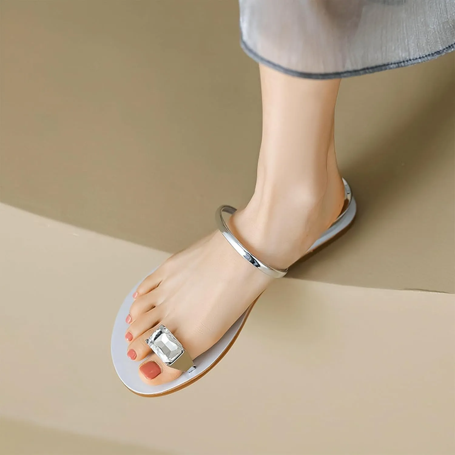Womens Silver Rhinestone Beach Wedding Summer Jeweled Sandals Slip on Toe Ring Loop Bling Jelly Flat Gladiator Sandals Dress Dressy Wedges Bohemia Flip Flops Thong Sandal