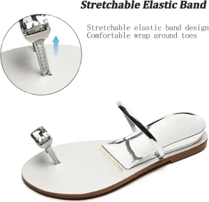 Womens Silver Rhinestone Beach Wedding Summer Jeweled Sandals Slip on Toe Ring Loop Bling Jelly Flat Gladiator Sandals Dress Dressy Wedges Bohemia Flip Flops Thong Sandal