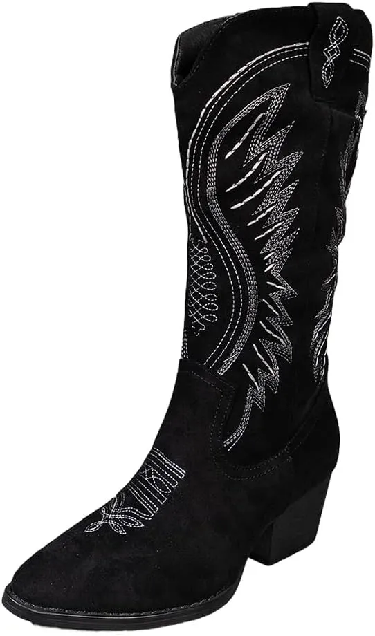 Women's Solid Color Suede Embroidered Side Zipper High Heeled Boots With Sloping Heels, Versatile Trendy, Cowboy Boot
