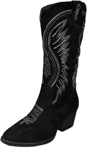 Women's Solid Color Suede Embroidered Side Zipper High Heeled Boots With Sloping Heels, Versatile Trendy, Cowboy Boot
