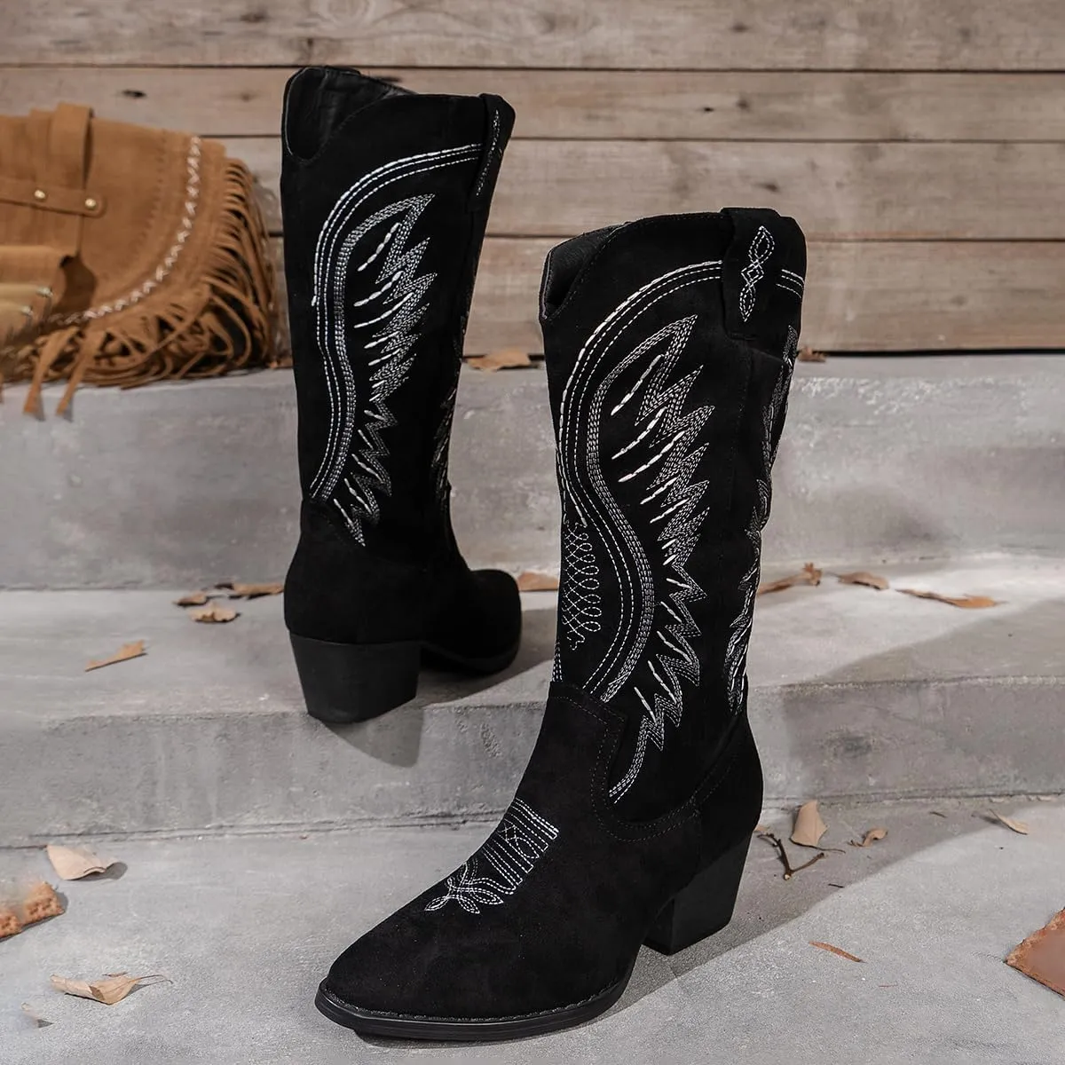 Women's Solid Color Suede Embroidered Side Zipper High Heeled Boots With Sloping Heels, Versatile Trendy, Cowboy Boot