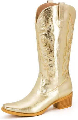 Women's Square Toe Cowboy Cowgirl Boots Embroidered Mid Calf Chunky Heel Western Boots